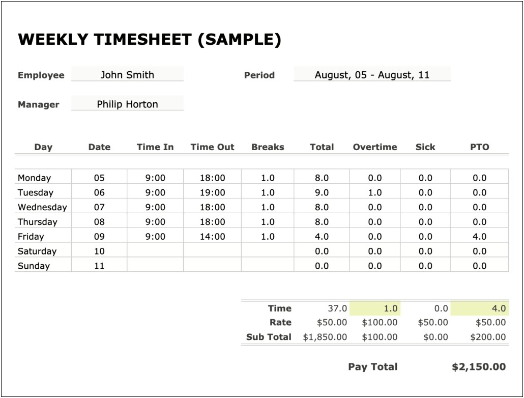 Monthly Timesheet Template With Calculations Free Download