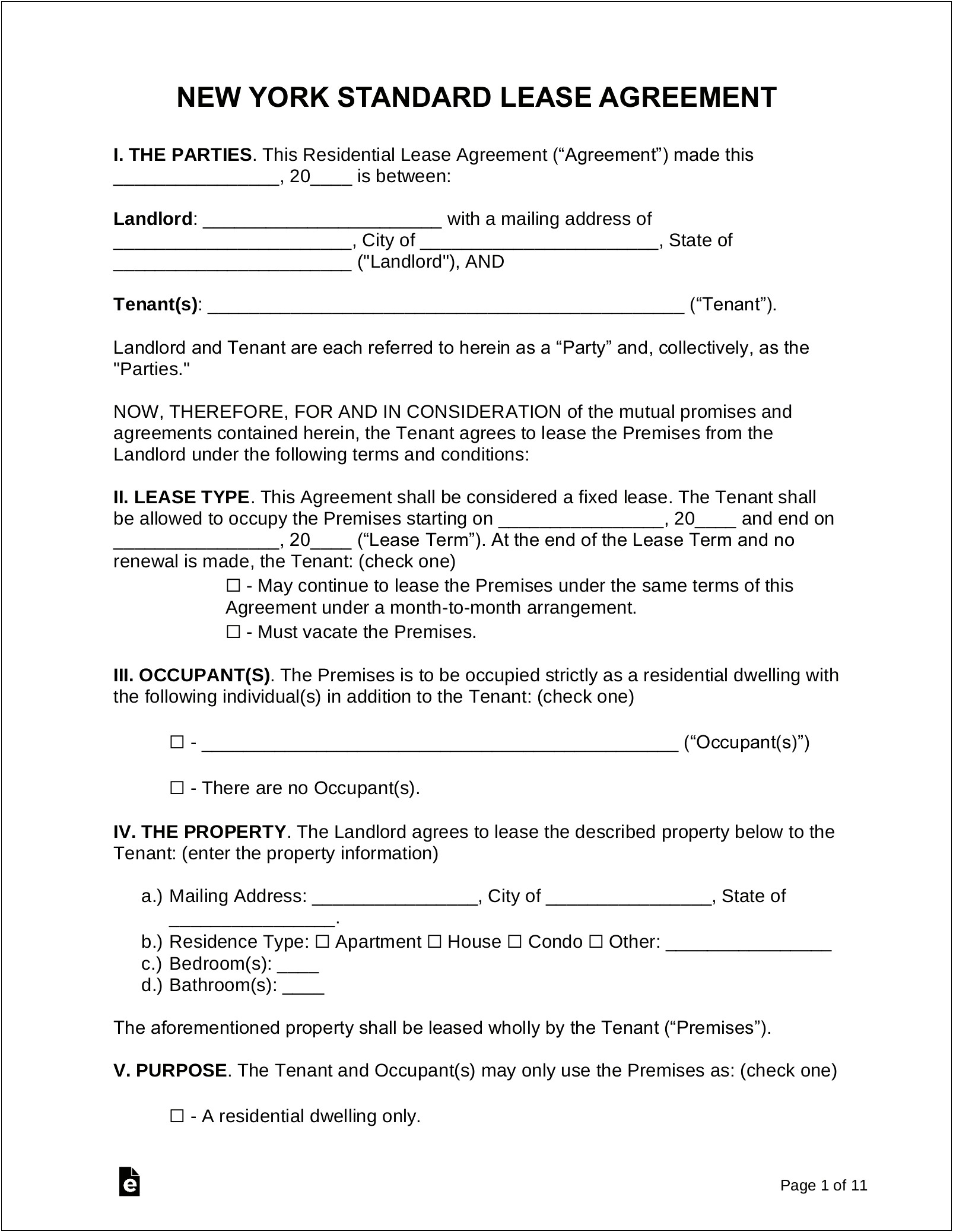 New York Basic Lease Agreement Template Free
