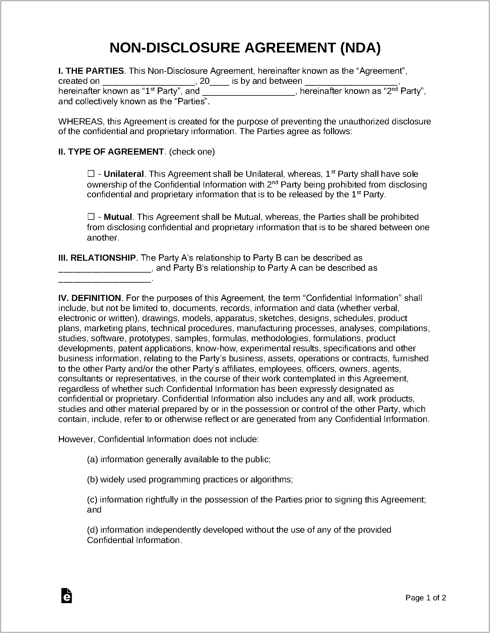 Non Disclosure Confidentiality Agreement Free Template