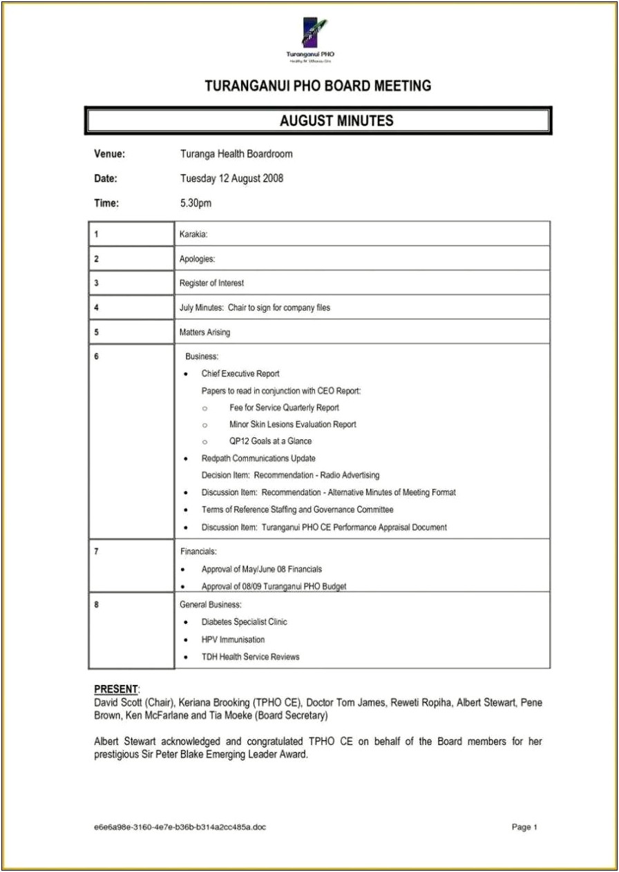 Non Profit Meeting Minutes Template Free Fillable
