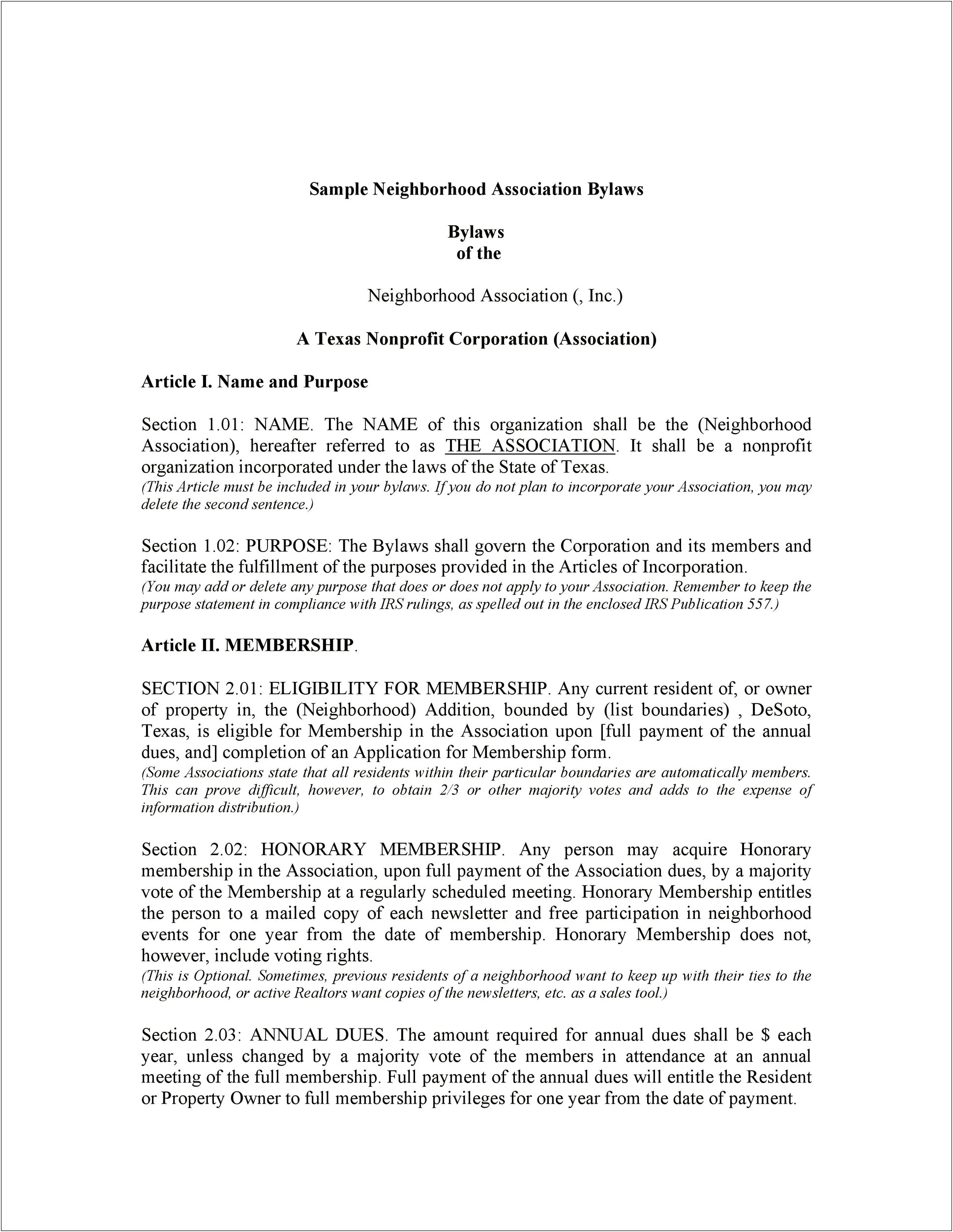 Nonprofit Bylaws Word Doc Template Free Download