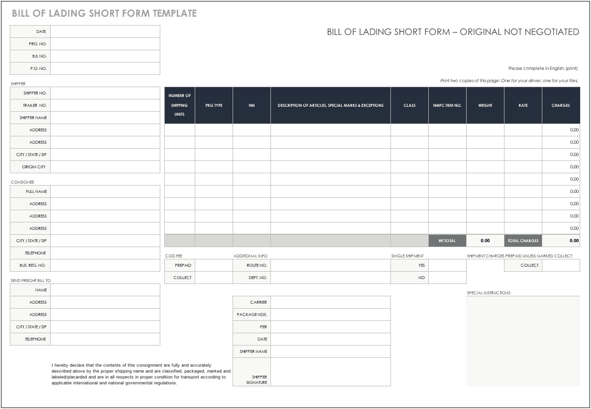 Ocean Bill Of Lading Template Free Fillable