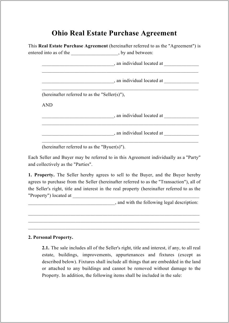 Ohio Real Estate Purchase Agreement Template Free