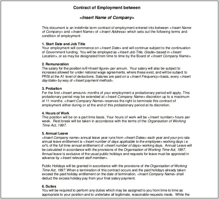 Part Time Contract Of Employment Template Free