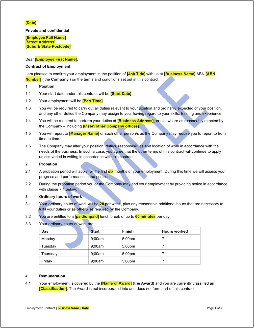Part Time Employment Contract Template Free Australia
