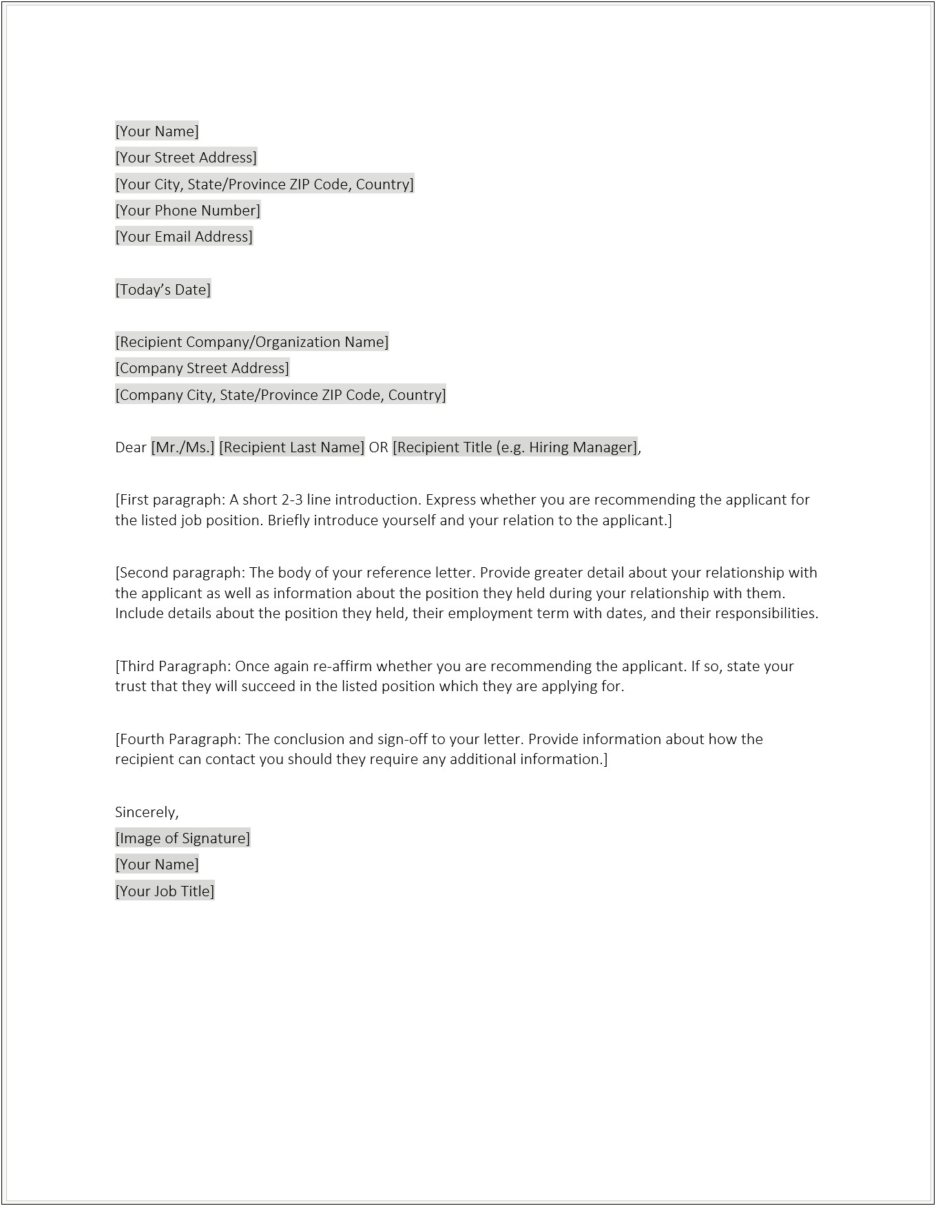 Personal Letter Of Recommendation Template Free