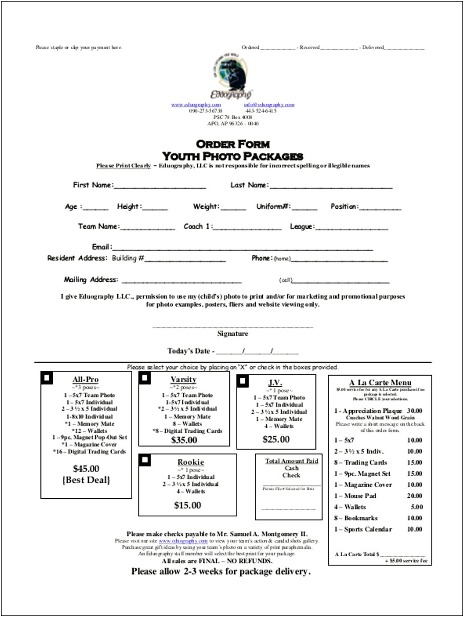 Photography Order Form Template Word Free