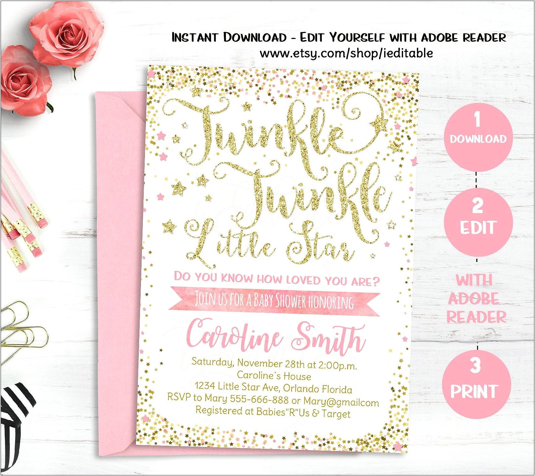Pink And Gold Baby Shower Invitations Templates Free