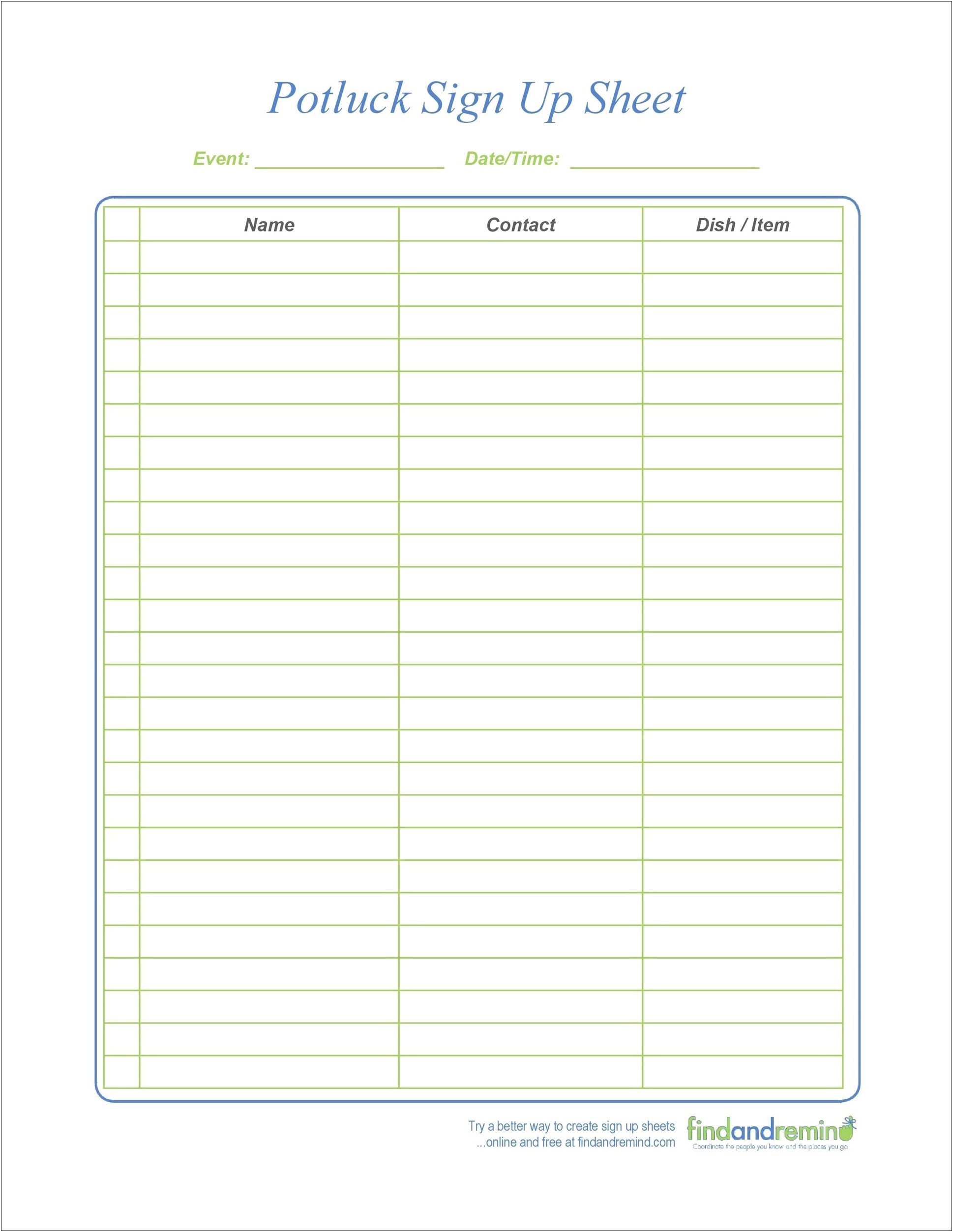 Potluck Sign Up Sheet Template Free Online
