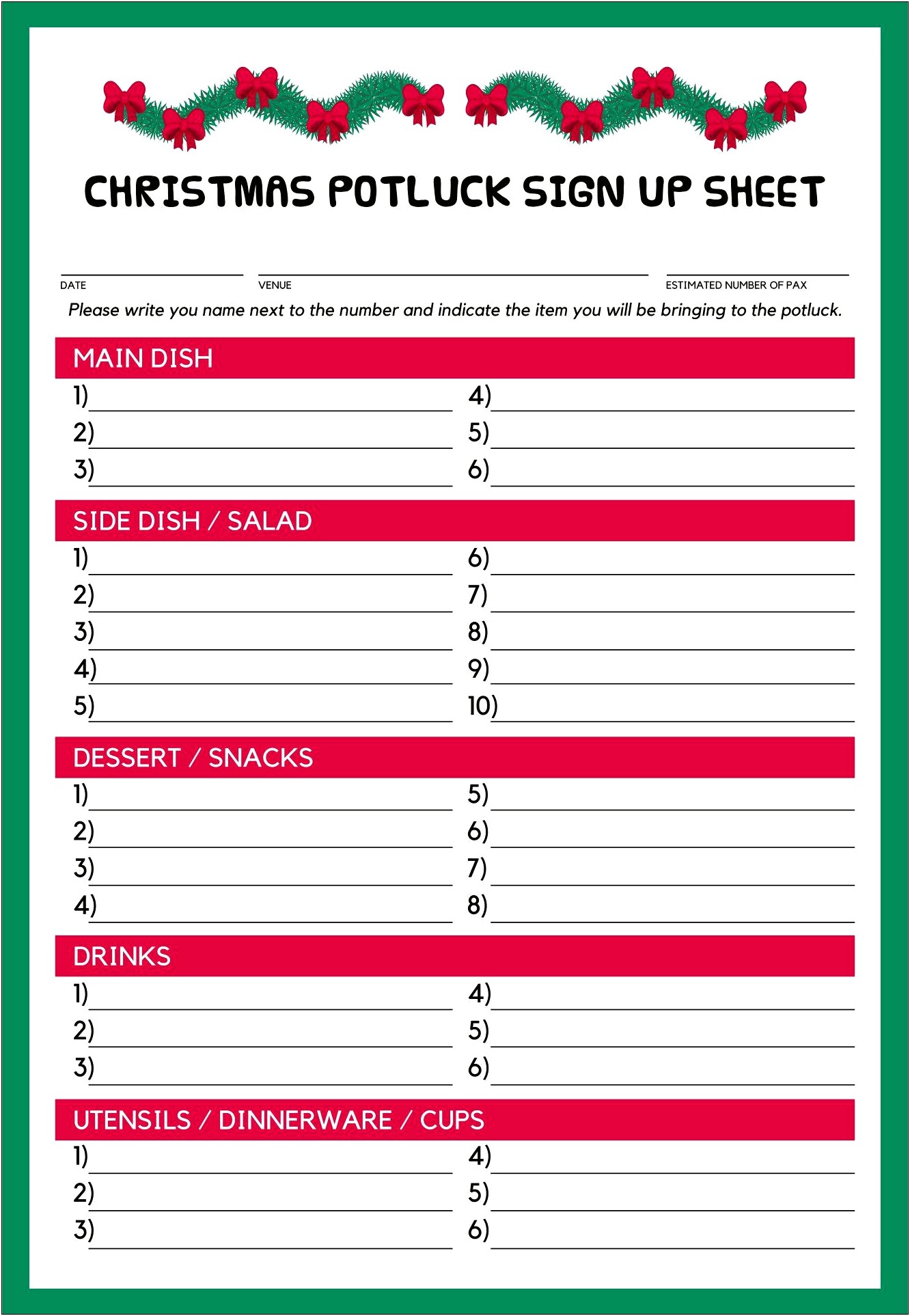 Potluck Sign Up Sheet Template Word Free