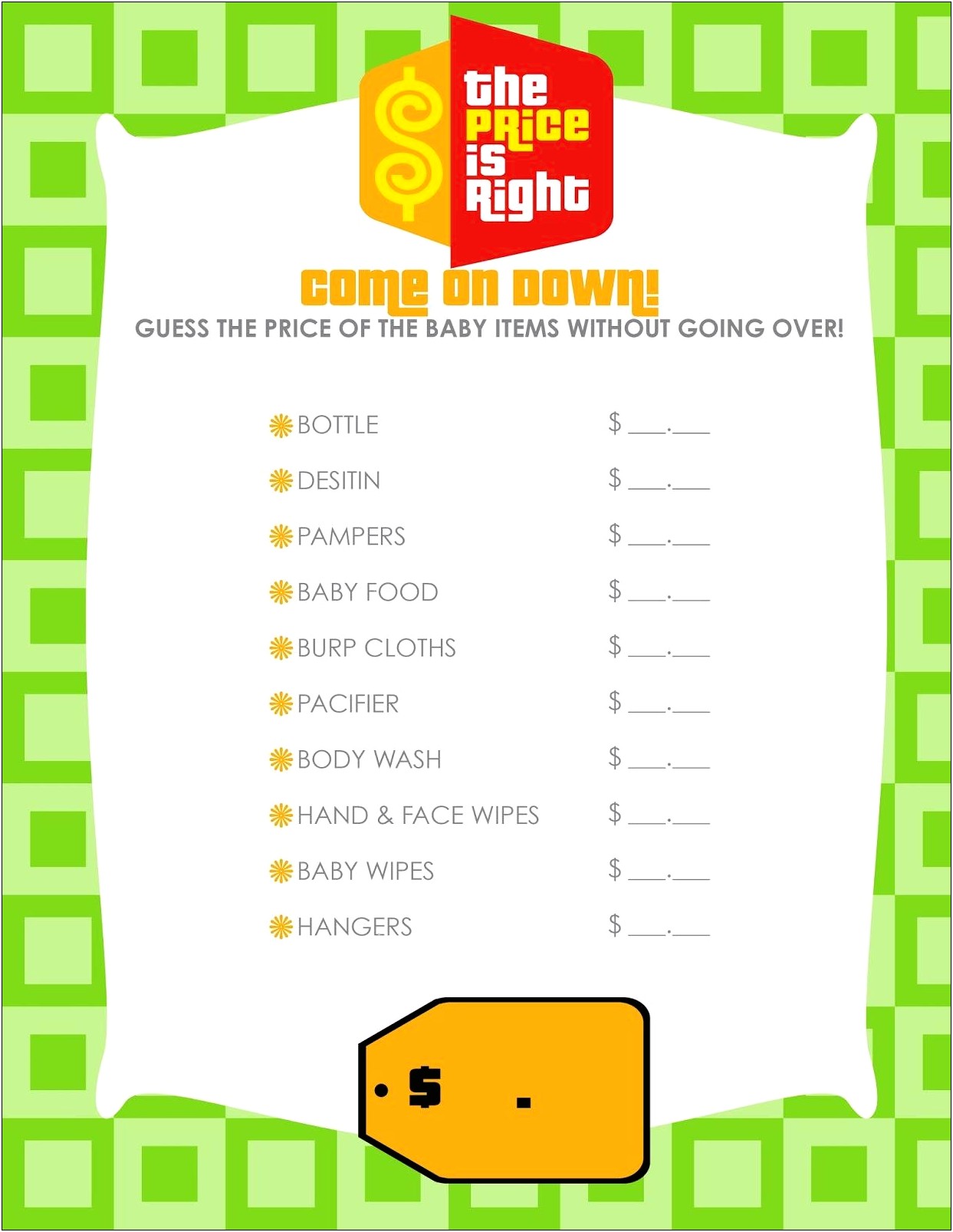 Price Is Right Games Baby Shower Free Template