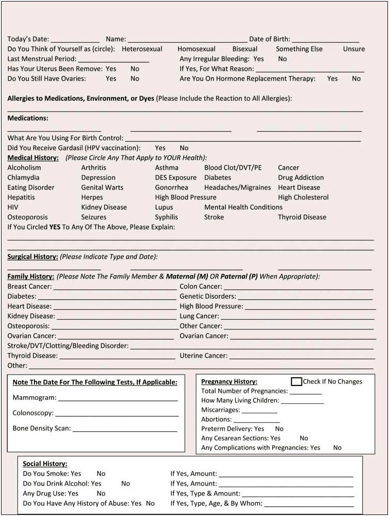 Primary Care Medical History Form And Free Templates