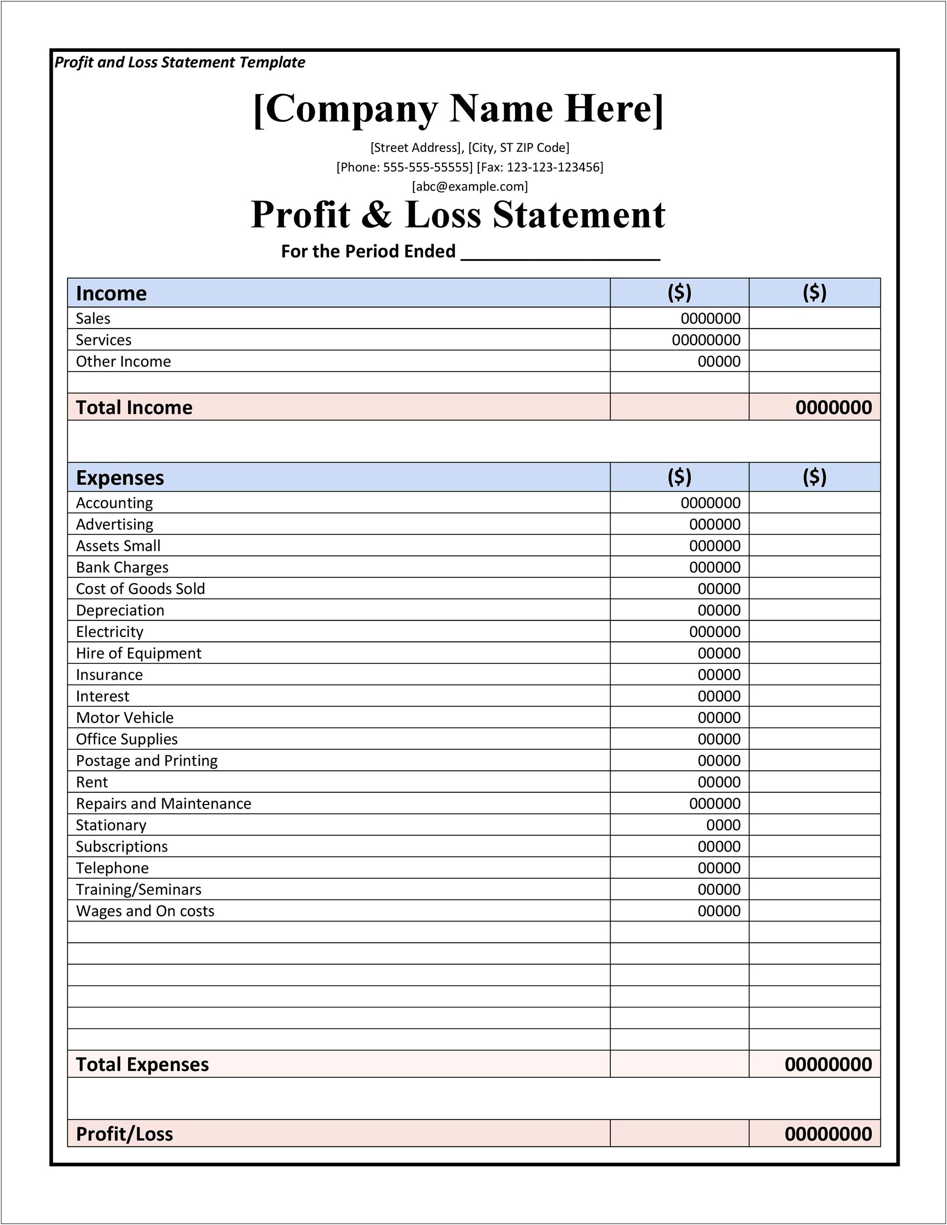 Print Free Profit And Loss Template Pdf