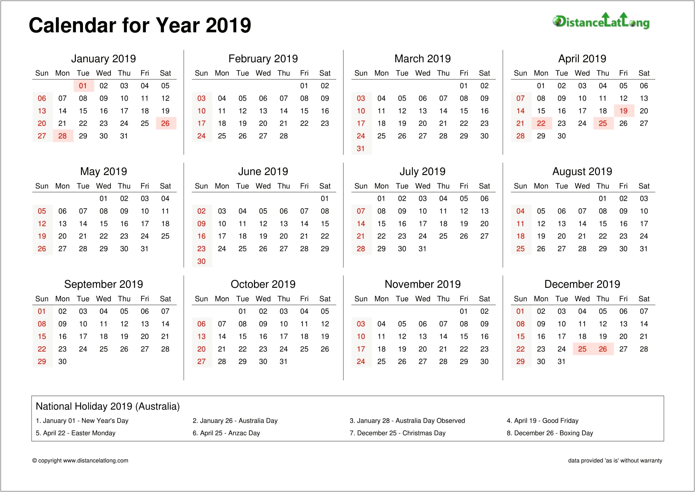 Printable 2019 Monthly Calendar Free Template Download