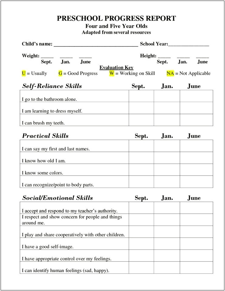 Printable A Free Preschool Progress Report Template