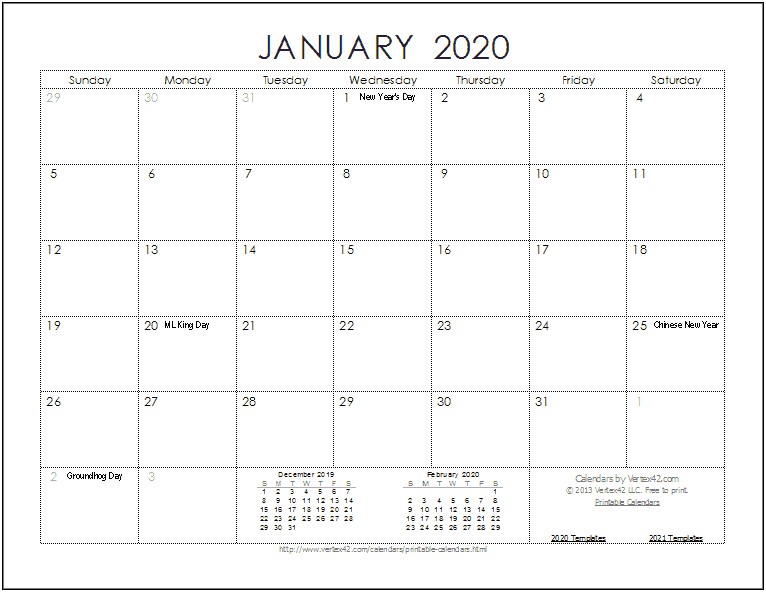 Printable Free Monthly Calendar Holidays Template 2020