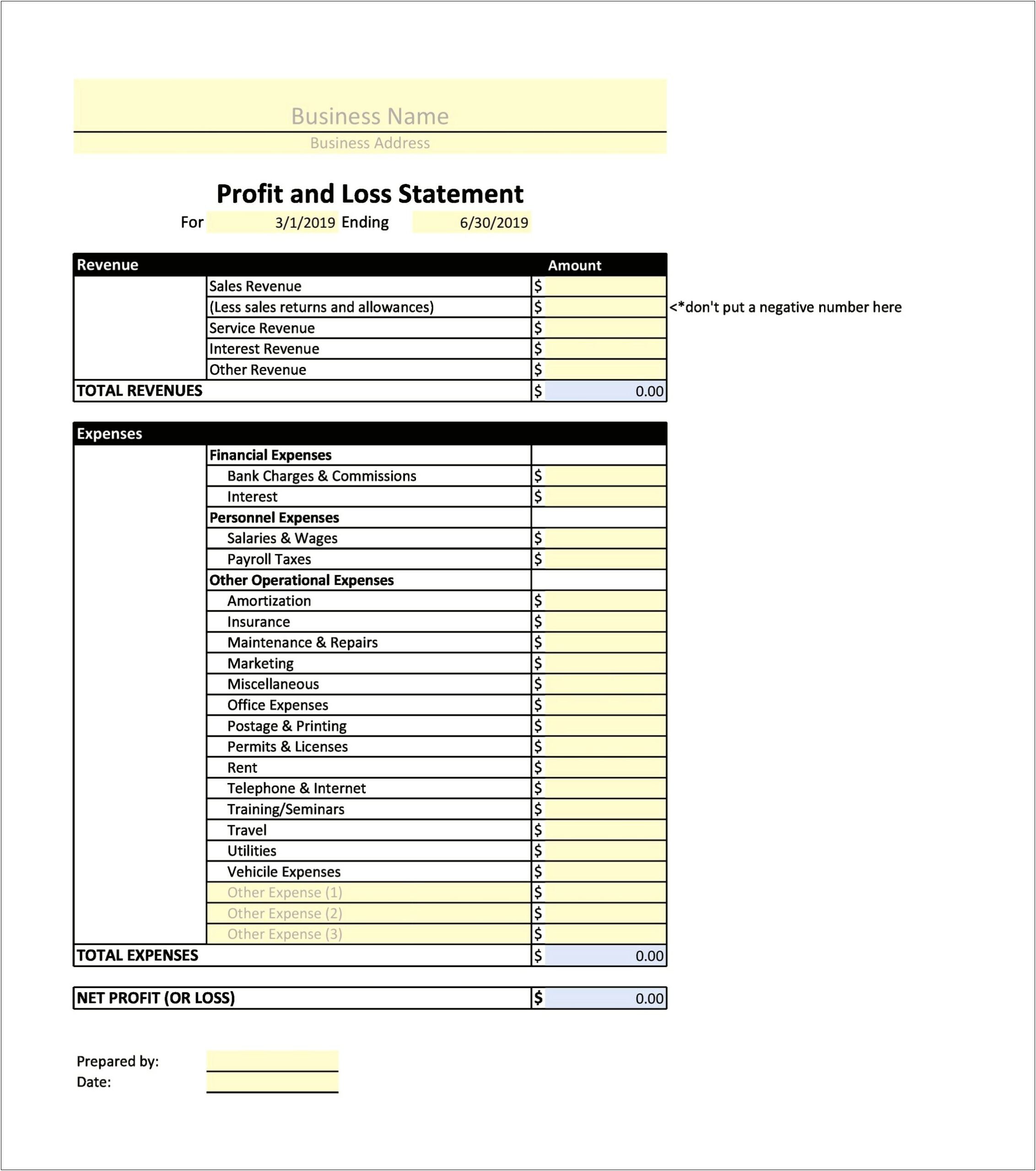 Printable Free Profit And Loss Template