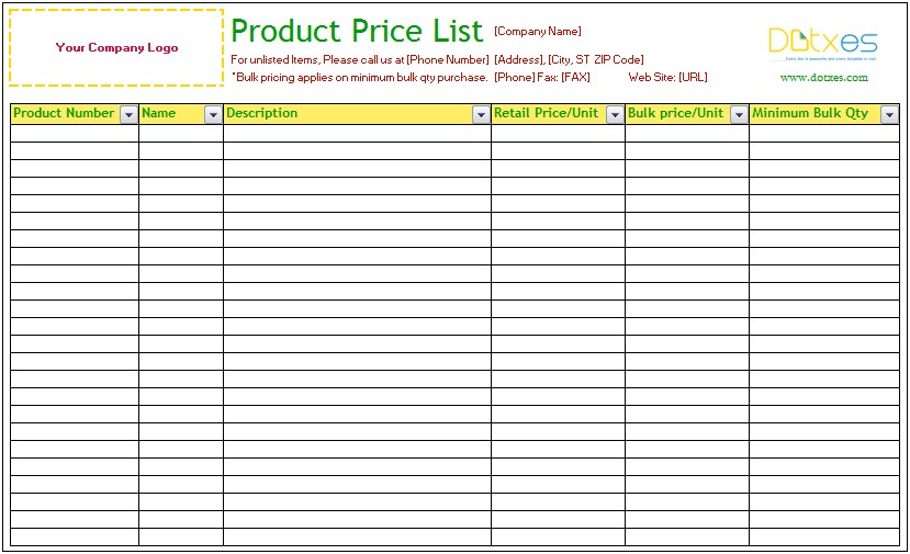 Product Price List Template Excel Free
