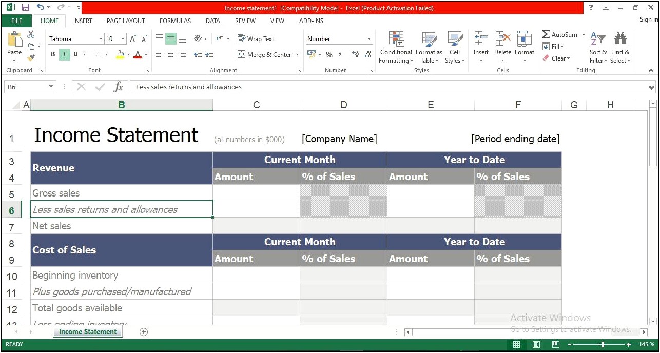 Profit And Loss Statement Template Excel Free