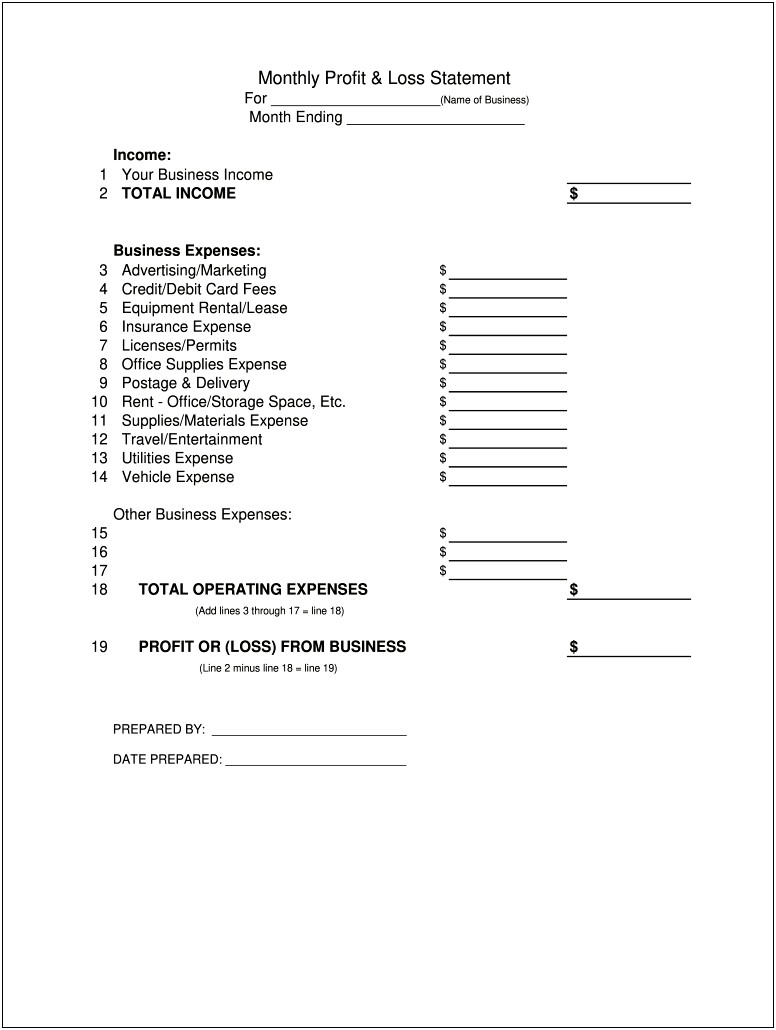 Profit And Loss Statement Template Pdf Free Download