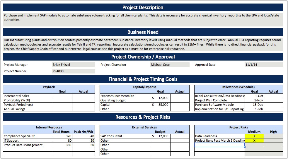 Project Charter Template Excel Free Download