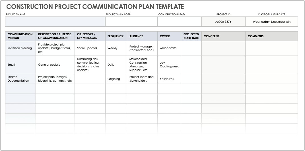 Project Communication Plan Template Excel Free