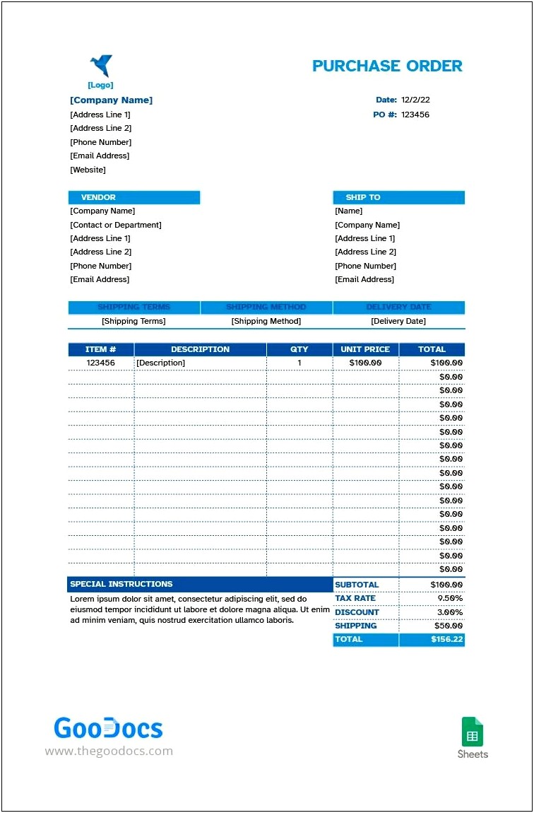 Purchase Order Google Sheets Google Doc Template Free