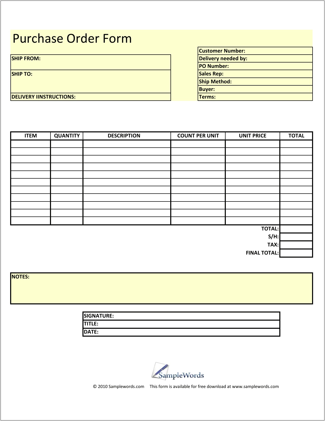 Purchase Order Template Doc Free Download