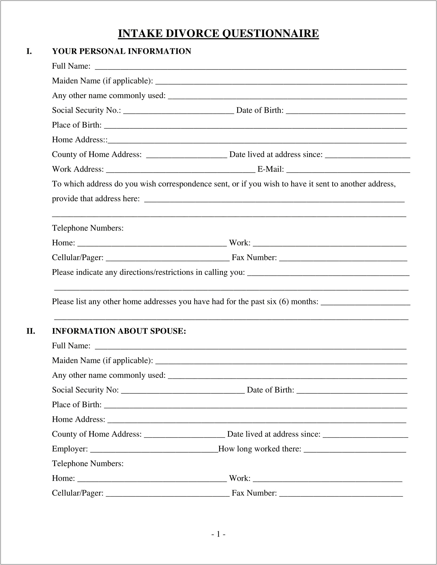 Questionnaire To Agreement On Divorce Settlement Free Template
