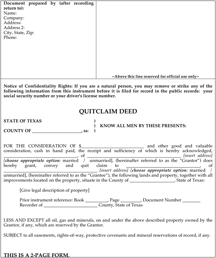 Quit Claim Deed Template Free Download Texas