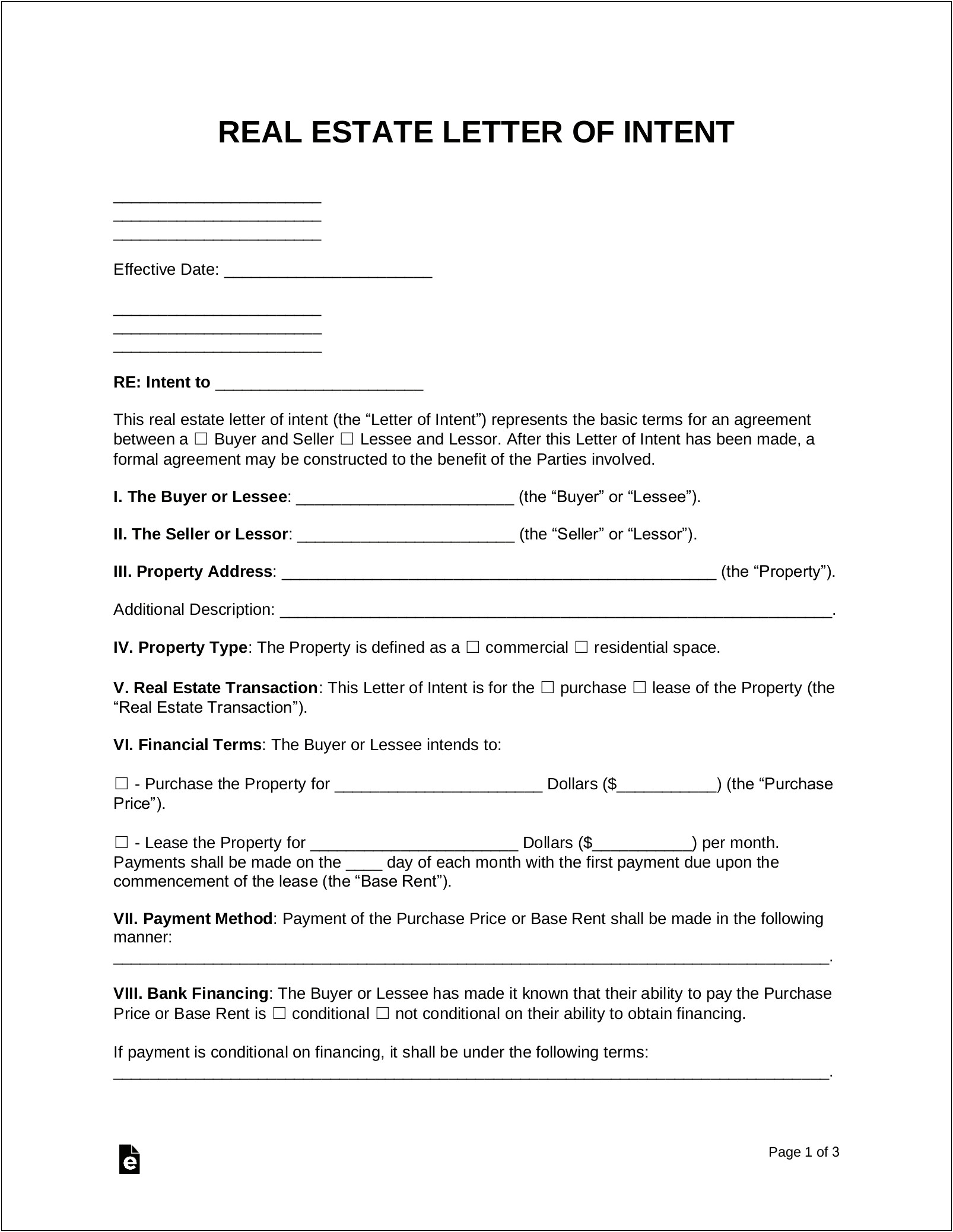 Real Estate Letter Of Intent Free Template