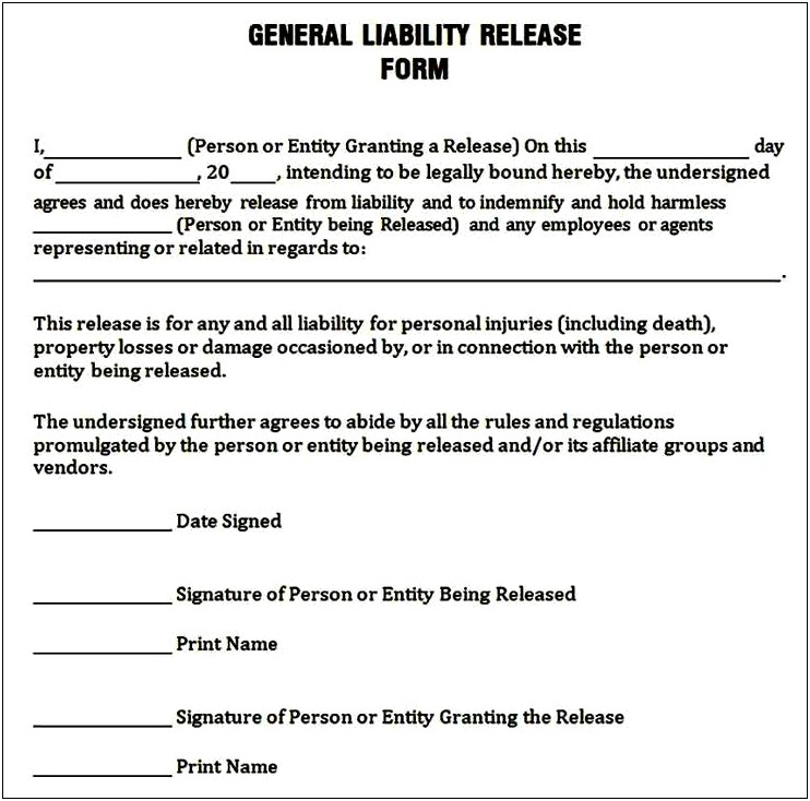 Release Of Liability For Property Damage Free Template
