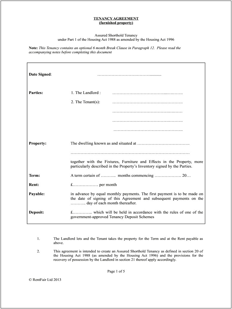 Rent A Room Agreement Free Template Uk