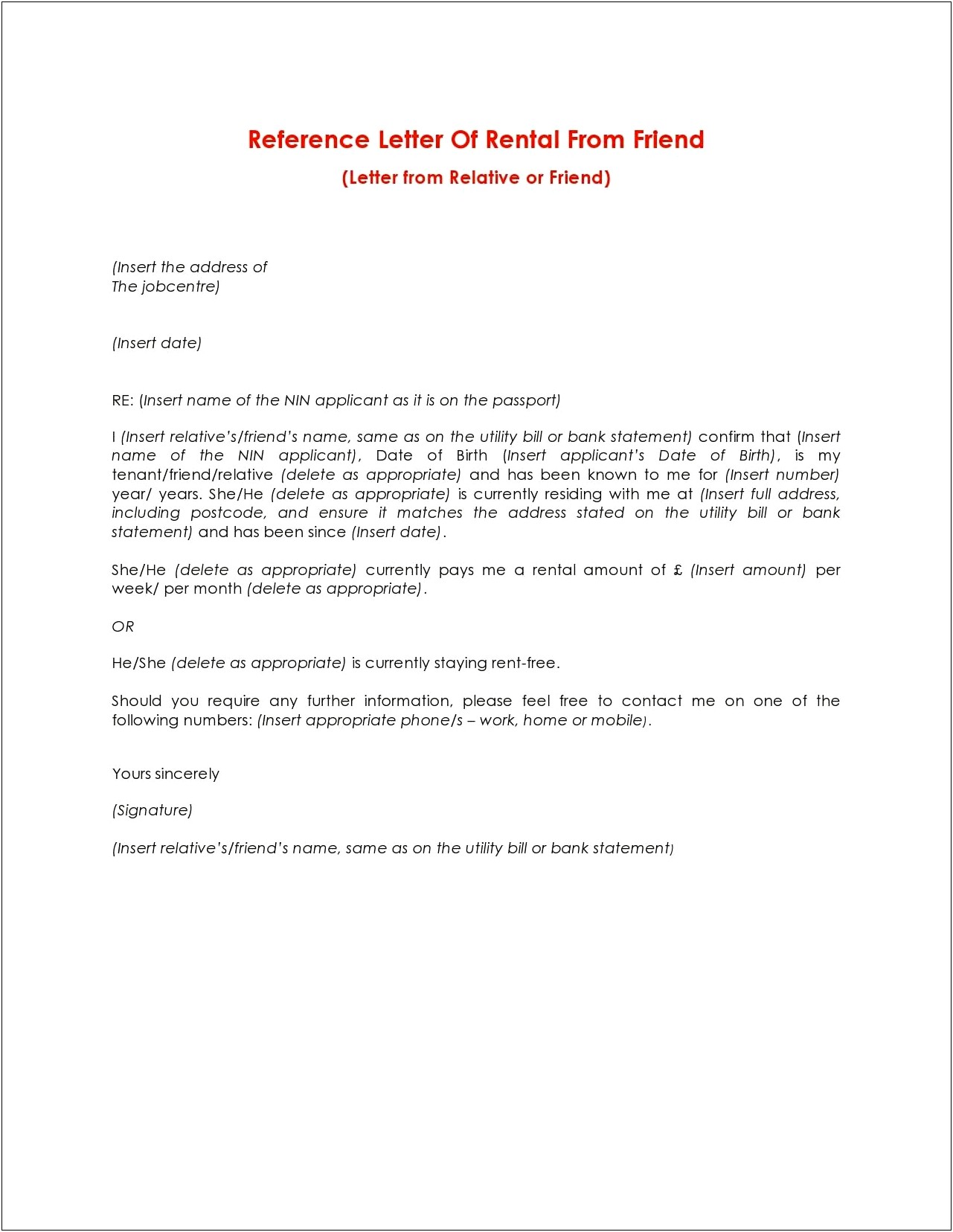 Rent Free Letter Template For Mortgage