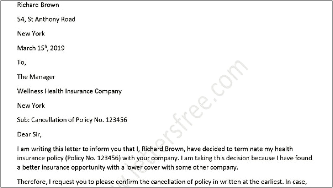 Request For Insurance Cancellation Letter Free Template