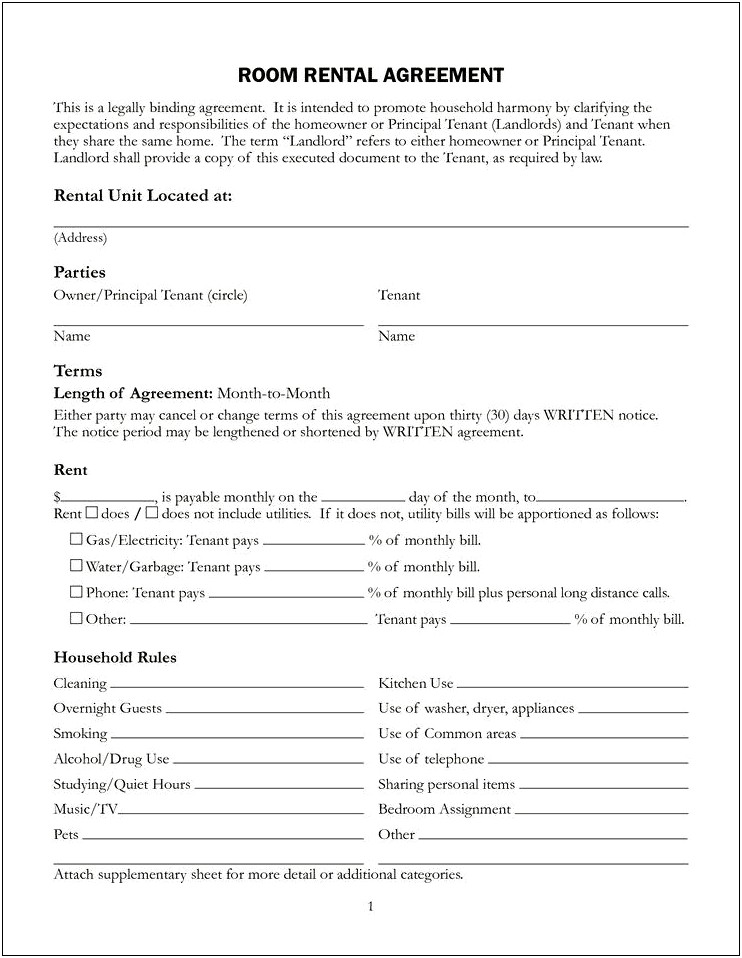 Room Rental Agreement With Utilities Included Free Template