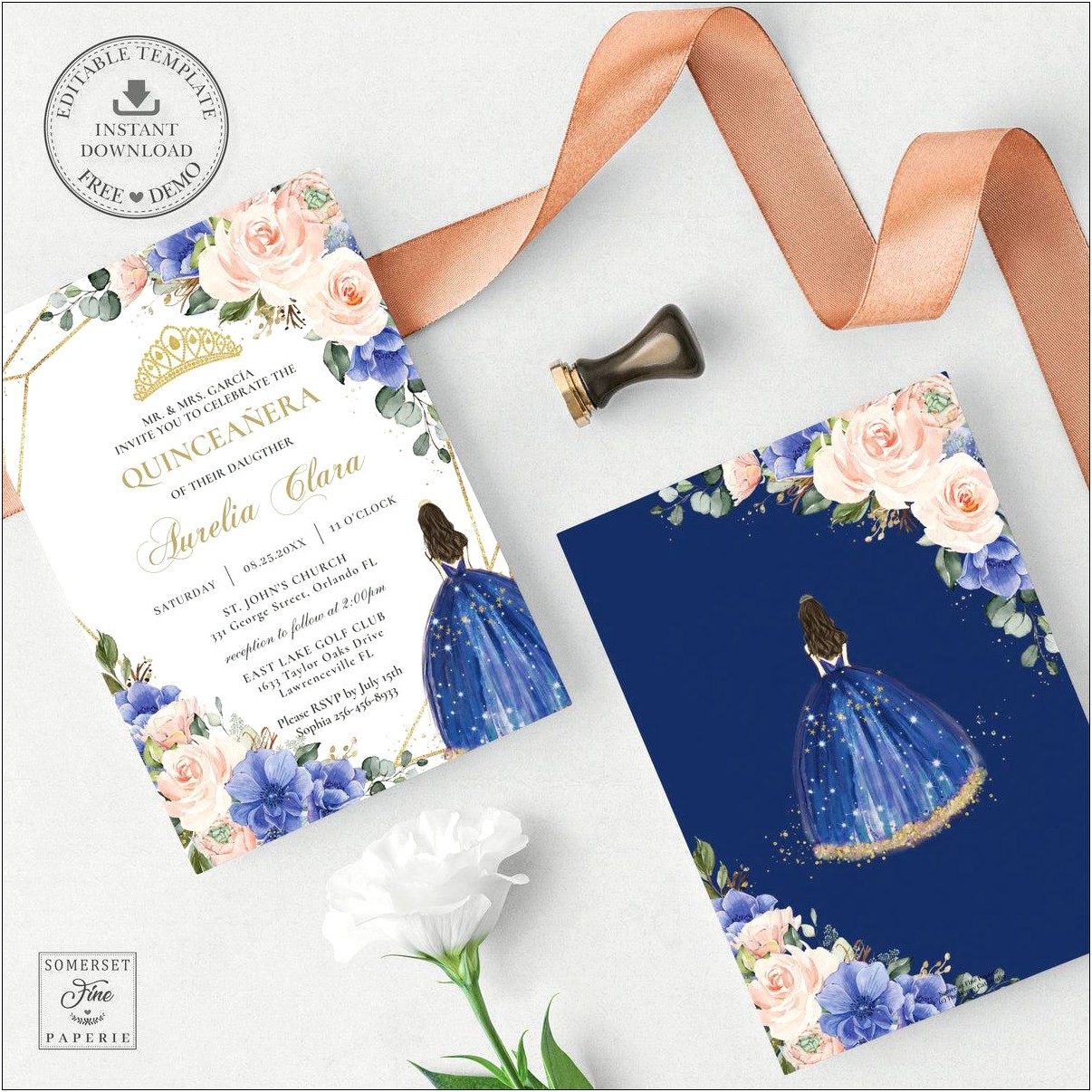 Royal Blue And Peach Wedding Invitations