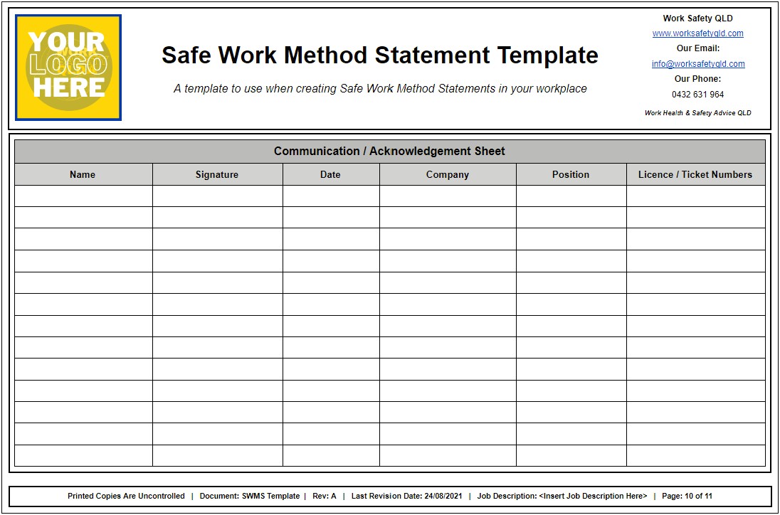Safe Work Method Statement Template Qld Free