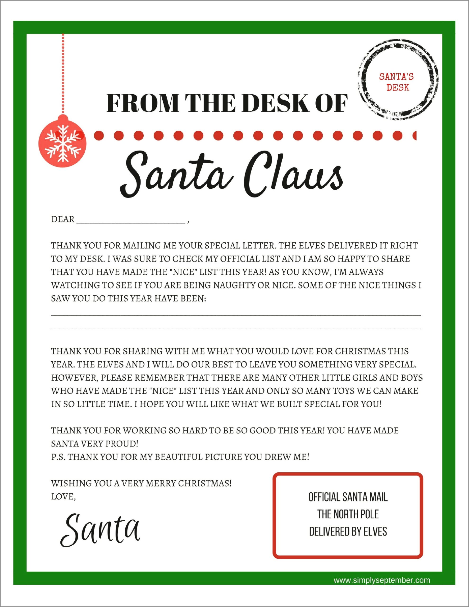 Santa Letter To Child Template Free