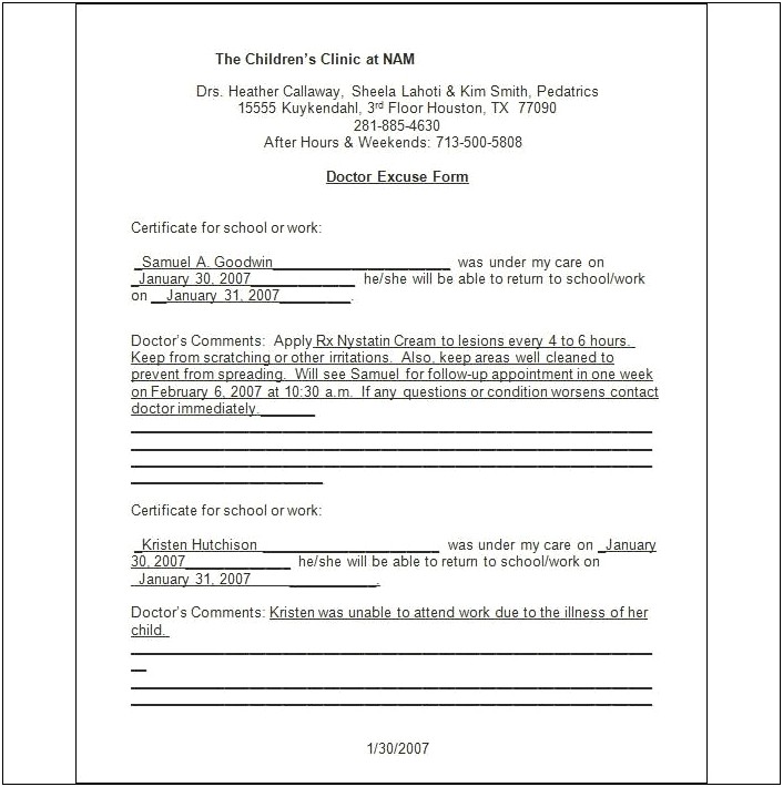 School Absence Note Template Free Word Doc