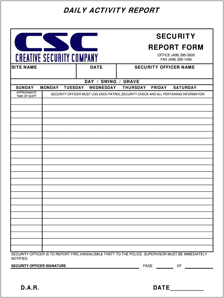 Security Guard Daily Activity Report Template Free