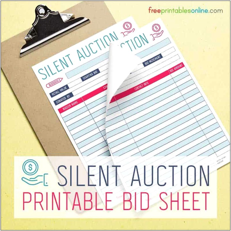 Silent Auction Bid Sheets Free Printable Simple Template