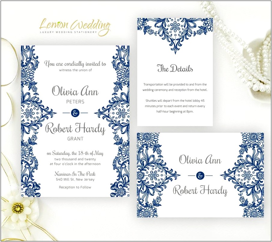 Silver And Navy Blue Wedding Invitations