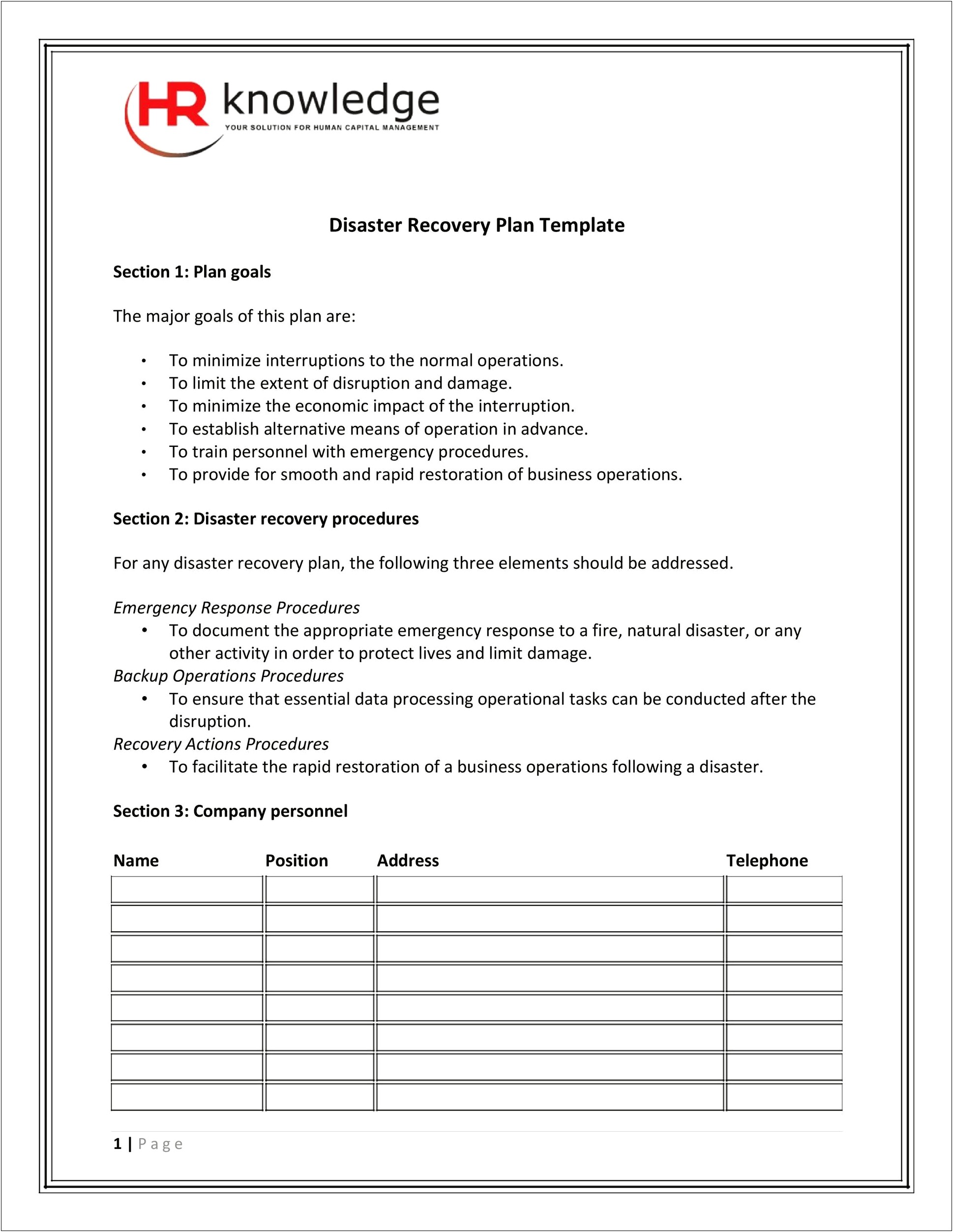 Simple Disaster Recovery Plan Template Free