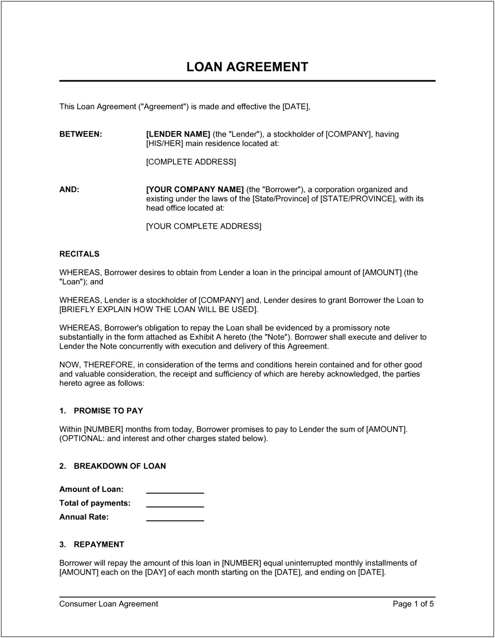 Simple Equipment Loan Agreement Template Free