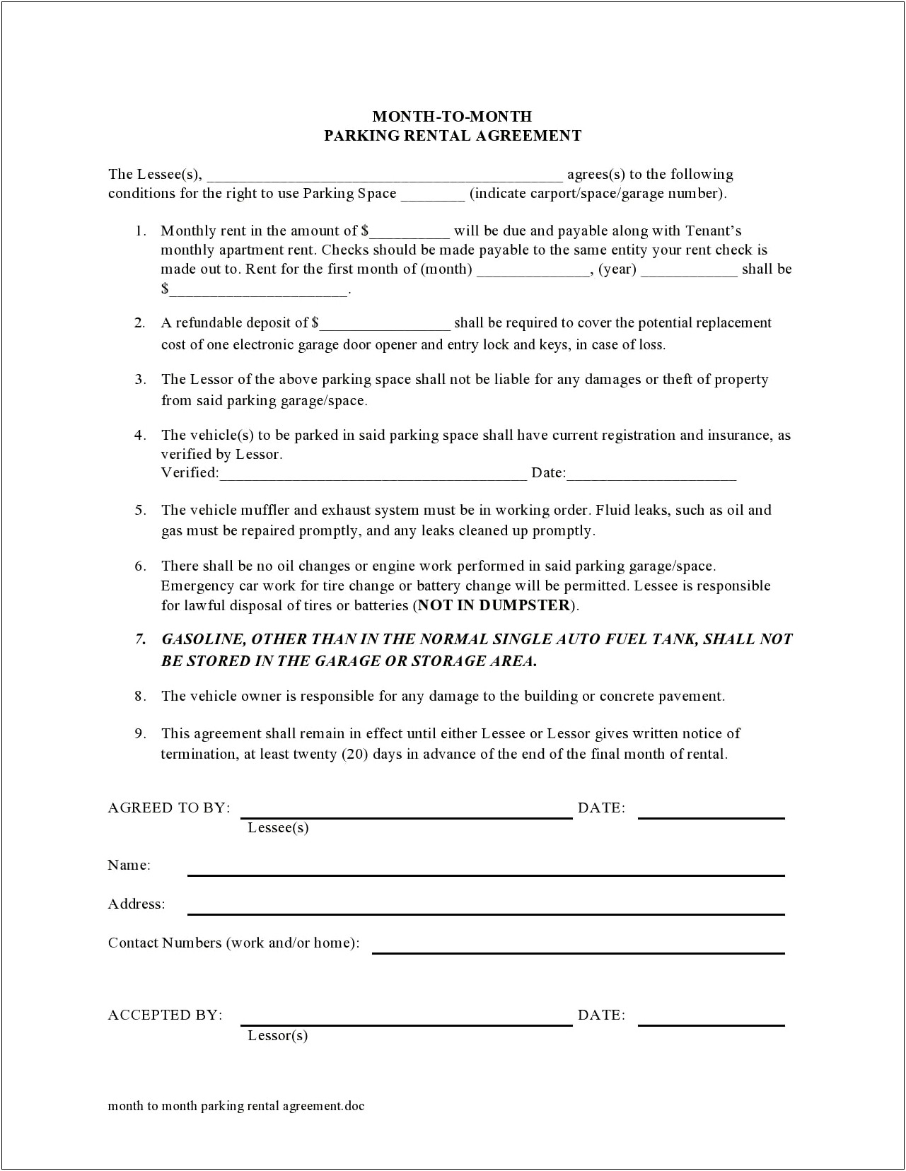 Simple Lease Agreement Template Free One Page