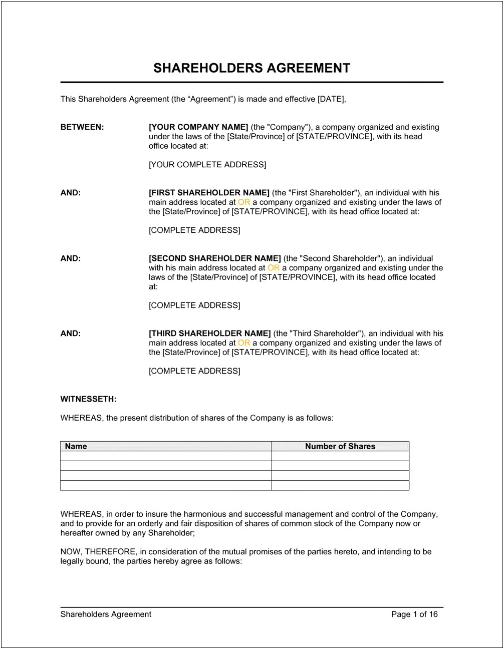 South African Shareholders Agreement Template Free Download