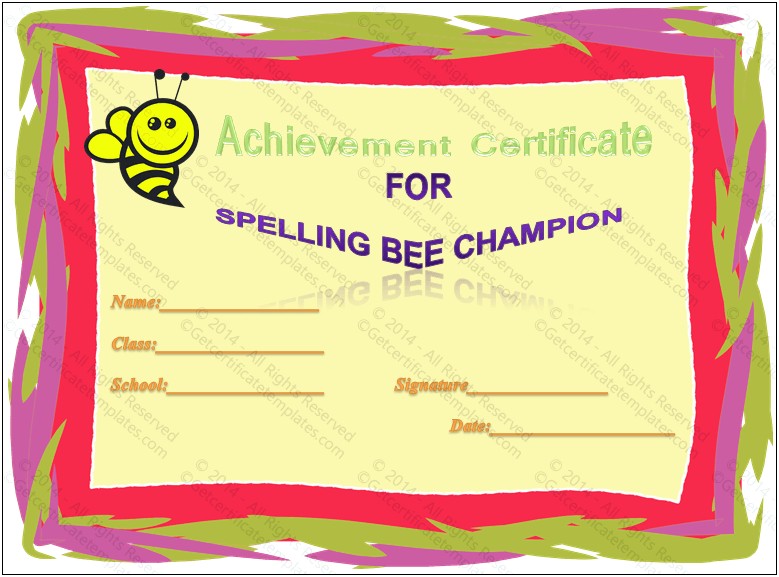 Spelling Bee Award Certificate Template Free