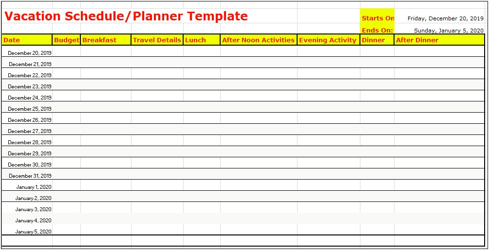 Staff Holiday Planner Template Free Excel 2020