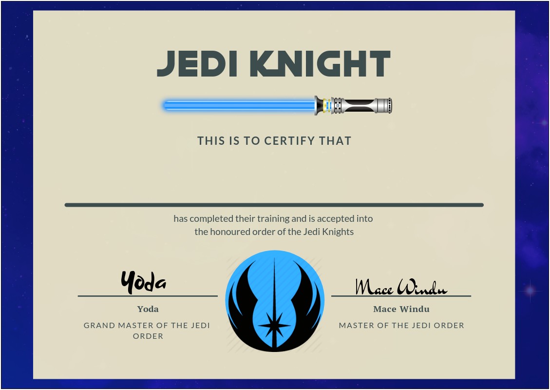 Star Wars Jedi Training Certificate Template Free